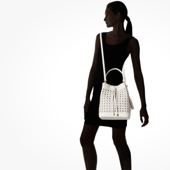 Ralph Lauren Woven Leather Debby Tassel Logo Drawstring Shoulder Bag Bucket Tote - Picture 15 of 16